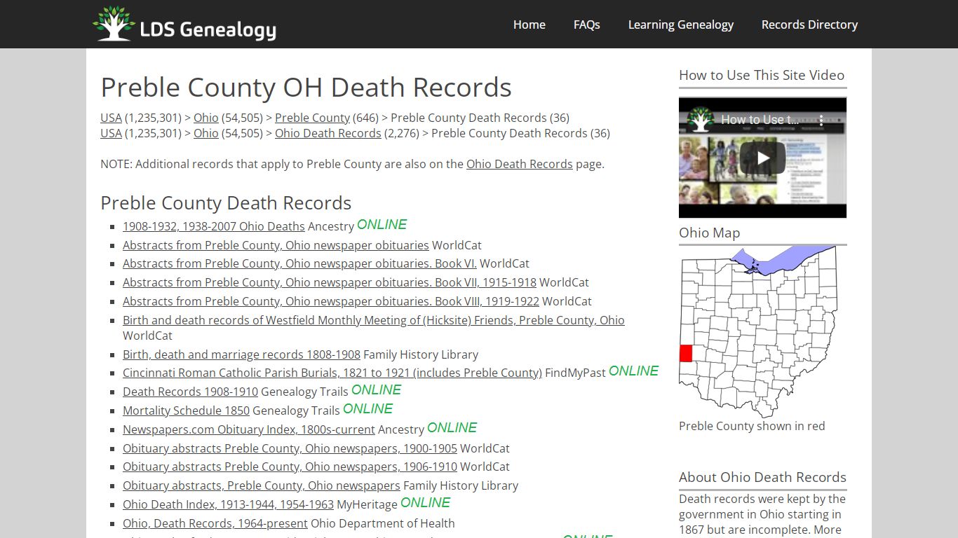 Preble County OH Death Records - LDS Genealogy